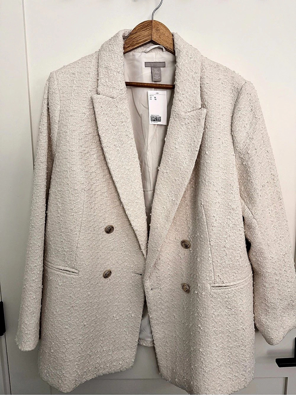 H&M Textured Double-Breasted Bouclé Blazer Cream XL